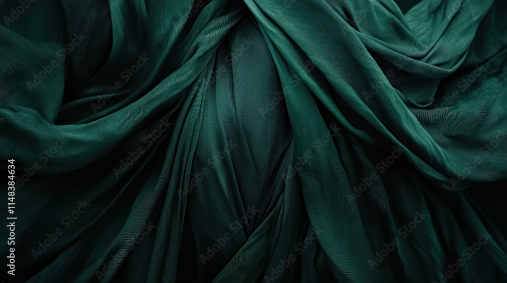 Fototapeta premium Dark green fabric with deep folds and shadows.