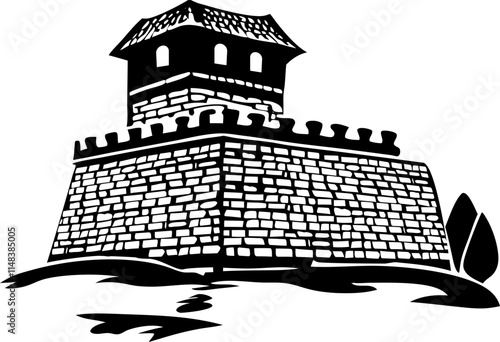 Medieval castle with tower, lattice and battlements. Creative Logo Design Template. Medieval castle flat icon design, old palace building vector illustration, fairy tale fantasy castle fortress