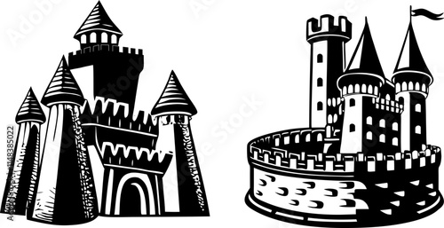 Medieval castle with tower, lattice and battlements. Creative Logo Design Template. Medieval castle flat icon design, old palace building vector illustration, fairy tale fantasy castle fortress