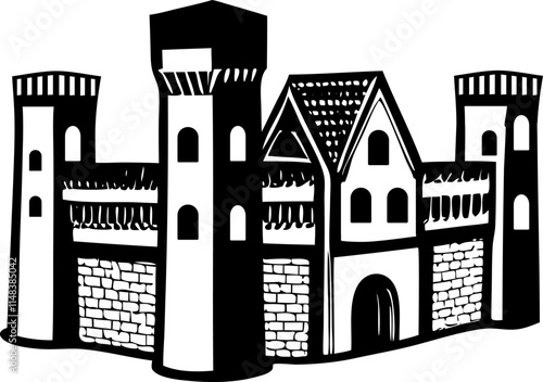Medieval castle with tower, lattice and battlements. Creative Logo Design Template. Medieval castle flat icon design, old palace building vector illustration, fairy tale fantasy castle fortress