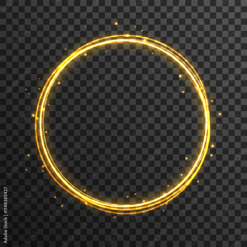 Vector circular light beam isolated on transparent background. Ethereal light portal sign with strange. Magic gold circle. Bokeh glitter round ellipse line with flying sparkling flash lights. Vector circular light beam isolated on transparent background. Ethereal light portal sign with strange. Magic gold circle. Bokeh glitter round ellipse line with flying sparkling flash lights.