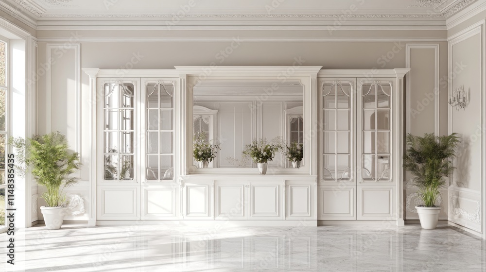 Fototapeta premium Elegant white room interior with glass-door cabinets, marble floor, and potted plants.