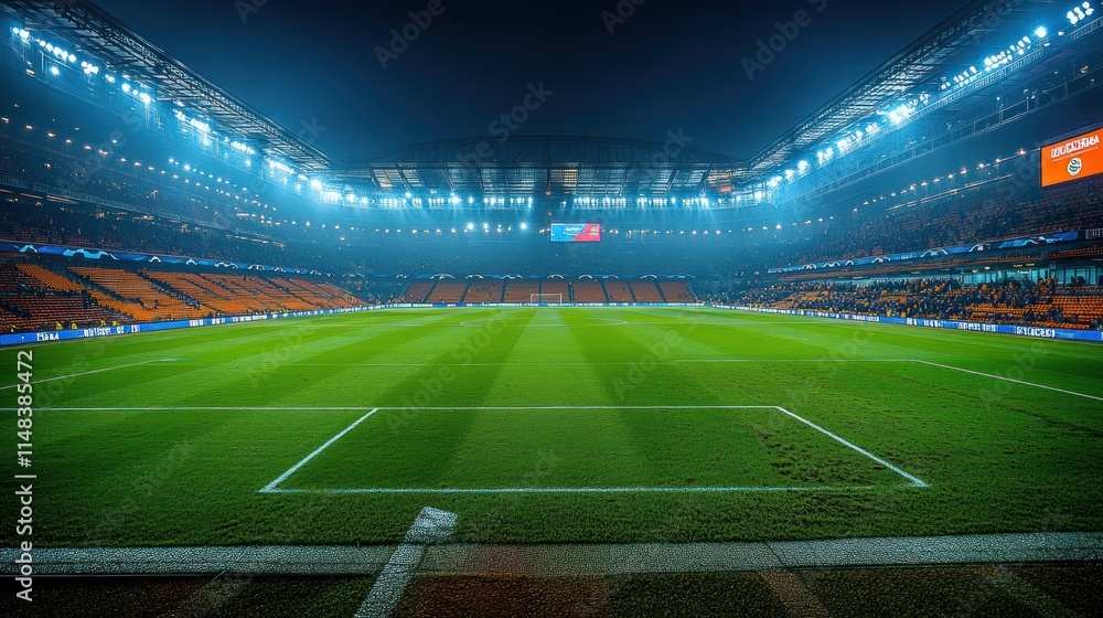Empty soccer stadium at night, illuminated by bright spotlights, showcasing a pristine green field ready for a match. Empty soccer stadium at night, illuminated by bright spotlights, showcasing a pristine green field ready for a match.