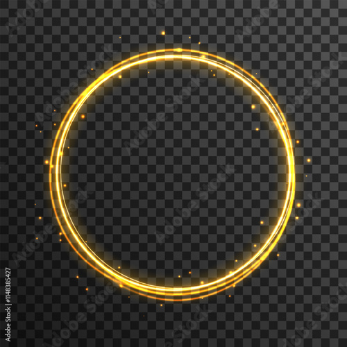 Vector circular light beam isolated on transparent background. Ethereal light portal sign with strange. Magic gold circle.  Bokeh glitter round ellipse line with flying sparkling flash lights.