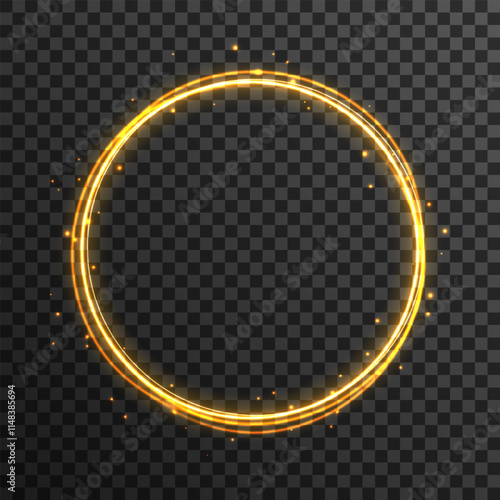 Vector circular light beam isolated on transparent background. Ethereal light portal sign with strange. Magic gold circle.  Bokeh glitter round ellipse line with flying sparkling flash lights.