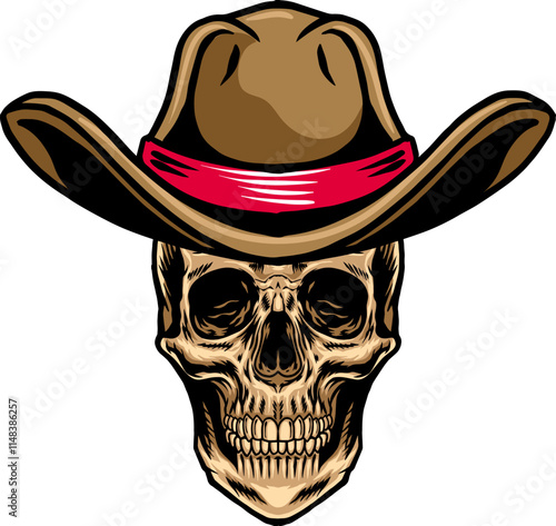 Skull Cowboy Head in Western Vintage Cartoon Vector Illustration