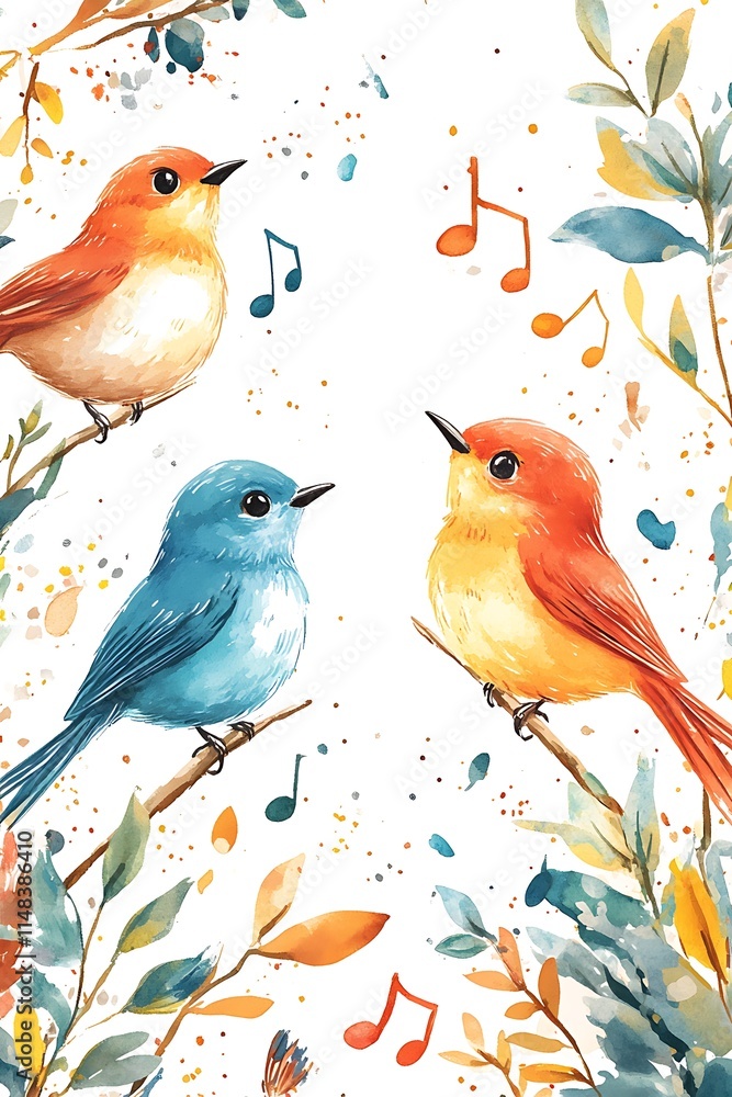 Obraz premium Charming watercolor illustration of colorful birds singing melodies amidst nature's greenery and musical notes