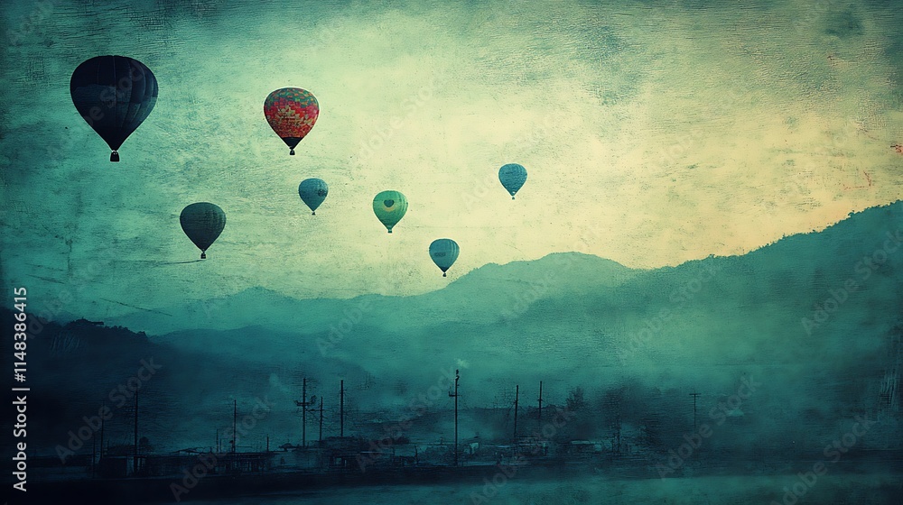 Obraz premium Balloons float over misty landscape.