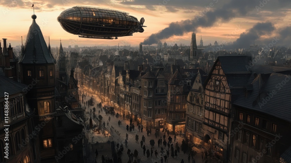 Naklejka premium Airship flying over a medieval city at sunset.