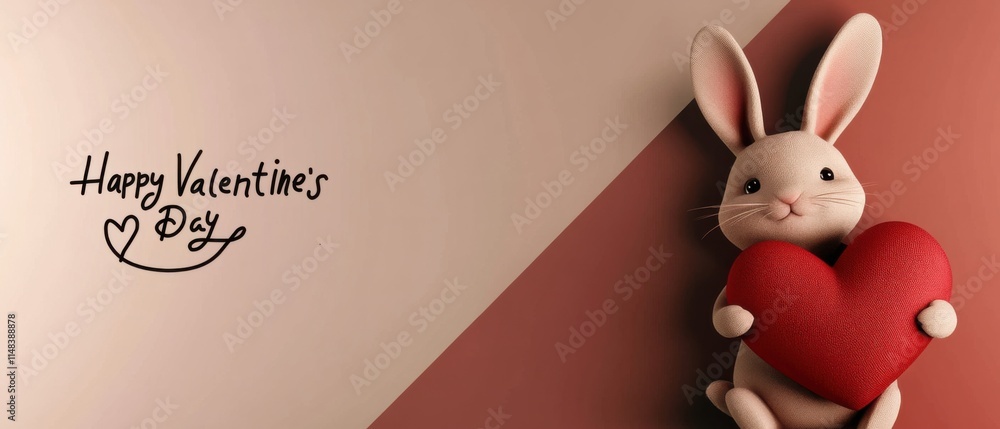 Obraz premium Adorable Bunny Holding Heart, Happy Valentines Day Greeting