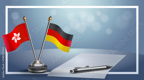 Hong Kong and Germany National flags on small table with bokeh background, cooperative relationship