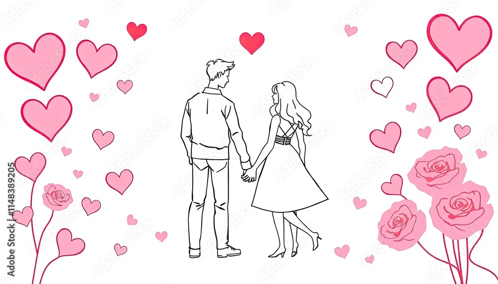 Minimalist line art of a couple holding hands, framed by heart patterns and soft pastel colors.