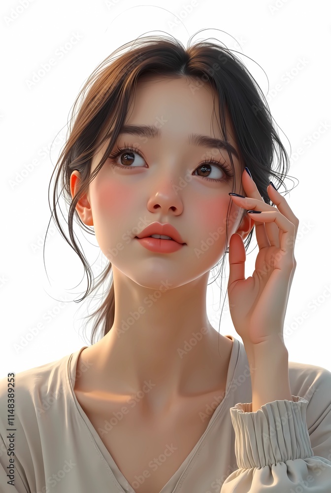 a woman with a confused expression or thinking about something with her hand holding her cheek isolated on a white background a woman with a confused expression or thinking about something with her hand holding her cheek isolated on a white background
