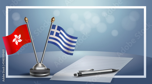 Hong Kong and Greece National flags on small table with bokeh background, cooperative relationship