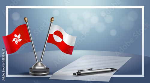 Hong Kong and Greenland National flags on small table with bokeh background, cooperative relationship