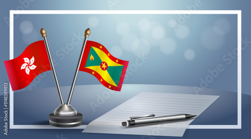 Hong Kong and Grenada National flags on small table with bokeh background, cooperative relationship