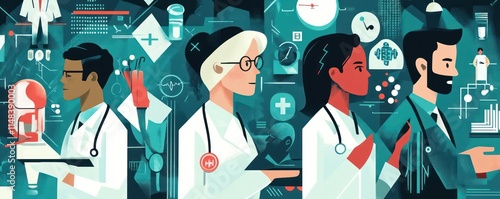 Vector illustration medical staff, including doctors and nurses, representing teamwork in patient care and healthcare