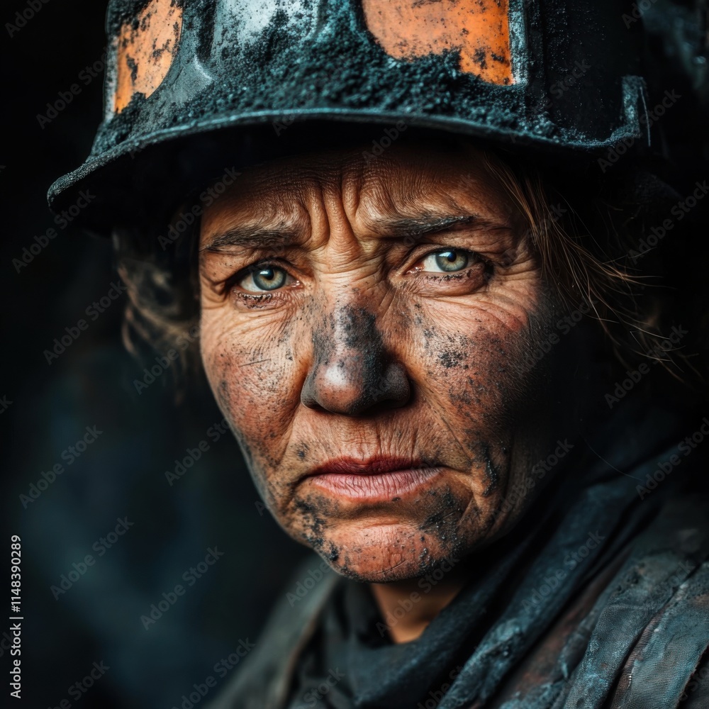 Close-up portrait of experienced female miner with weathered face and helmet Close-up portrait of experienced female miner with weathered face and helmet