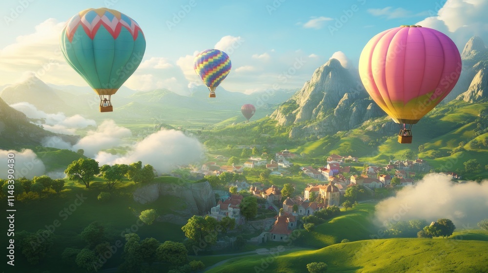 Fototapeta premium Three hot air balloons soar over a picturesque village nestled in a valley, surrounded by lush green hills and majestic mountains under a vibrant sky.