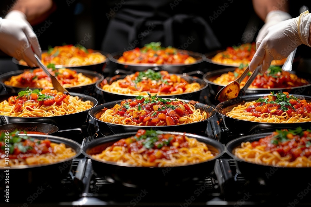 Cooking and serving delicious pasta dishes at a banquet with vibrant toppings and careful presentation Cooking and serving delicious pasta dishes at a banquet with vibrant toppings and careful presentation