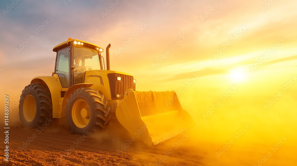 Heavy machinery working at sunset in agricultural field Heavy machinery working at sunset in agricultural field