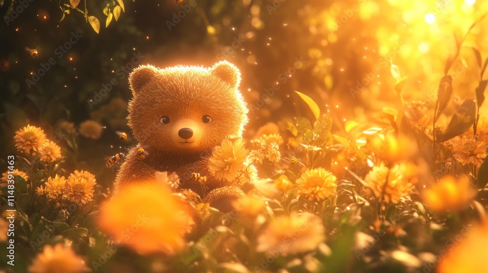 Cute teddy bear sitting amidst blooming yellow flowers in a sunlit meadow, with bees buzzing around. Cute teddy bear sitting amidst blooming yellow flowers in a sunlit meadow, with bees buzzing around.