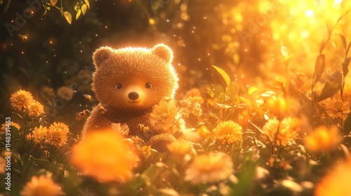 Cute teddy bear sitting amidst blooming yellow flowers in a sunlit meadow, with bees buzzing around.