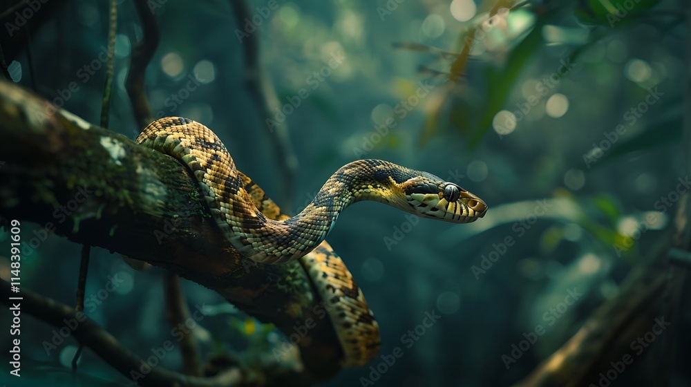 A tropical snake hanging from a low branch with a dark jungle backdrop, A tropical snake hanging from a low branch with a dark jungle backdrop,