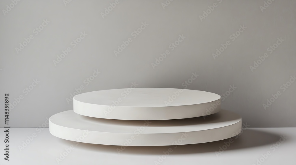 Minimalist display of two white circular platforms on a soft grey background, ideal for product presentation. Minimalist display of two white circular platforms on a soft grey background, ideal for product presentation.