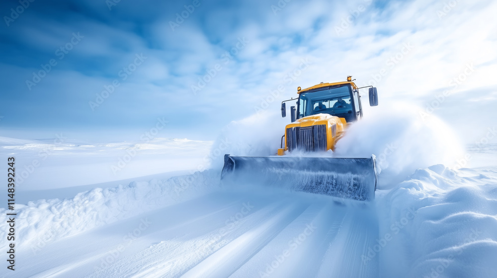 Snow plow clears deep snow on a bright winter day Snow plow clears deep snow on a bright winter day