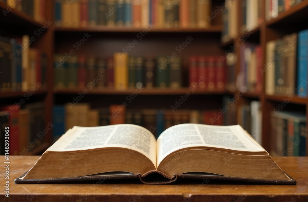 Education learning concept. Book in library with old open textbook, stack piles of literature text archive on reading desk, aisle of bookshelves in school study class room background for academic Education learning concept. Book in library with old open textbook, stack piles of literature text archive on reading desk, aisle of bookshelves in school study class room background for academic