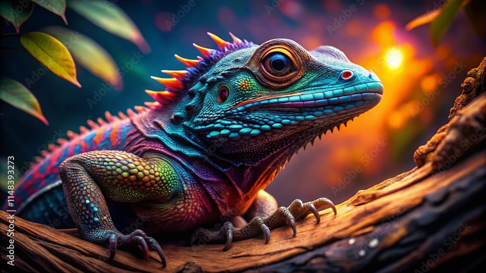Fototapeta premium Surreal Lizard on Wood: Psychedelic Reptile, Fantasy Reptile Photography, Wooden Texture, Artistic Reptile Image