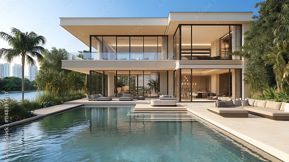 Fototapeta premium Luxurious mediterranean courtyard features a pool fountain and lush verdant greenery image