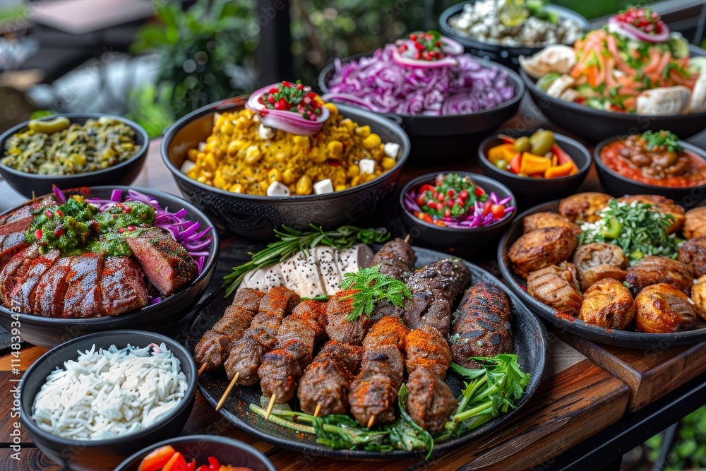 Plentiful spread of grilled meats, salads, and sides showcasing a vibrant dining experience in a cozy setting Plentiful spread of grilled meats, salads, and sides showcasing a vibrant dining experience in a cozy setting