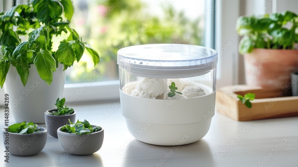 Fresh Herbs and Ice Cream Maker in Bright Kitchen Setting Fresh Herbs and Ice Cream Maker in Bright Kitchen Setting