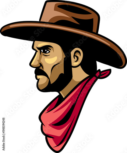 Beard Cowboy Head in Western Vintage Cartoon Vector Illustration