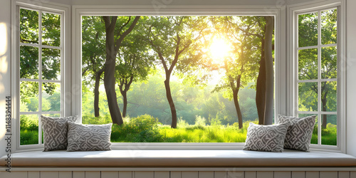 A serene window view showcasing lush trees and sunlight filtering through greenery.