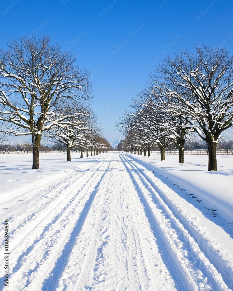 Obraz premium Winter wonderland scene snow-covered path nature photography tranquil environment wide angle view scenic beauty