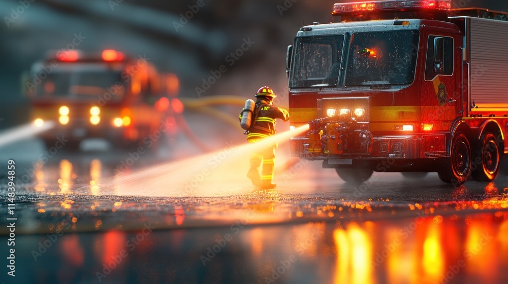 Night Firefighter Action: A Dramatic Scene of Bravery and Valor Night Firefighter Action: A Dramatic Scene of Bravery and Valor