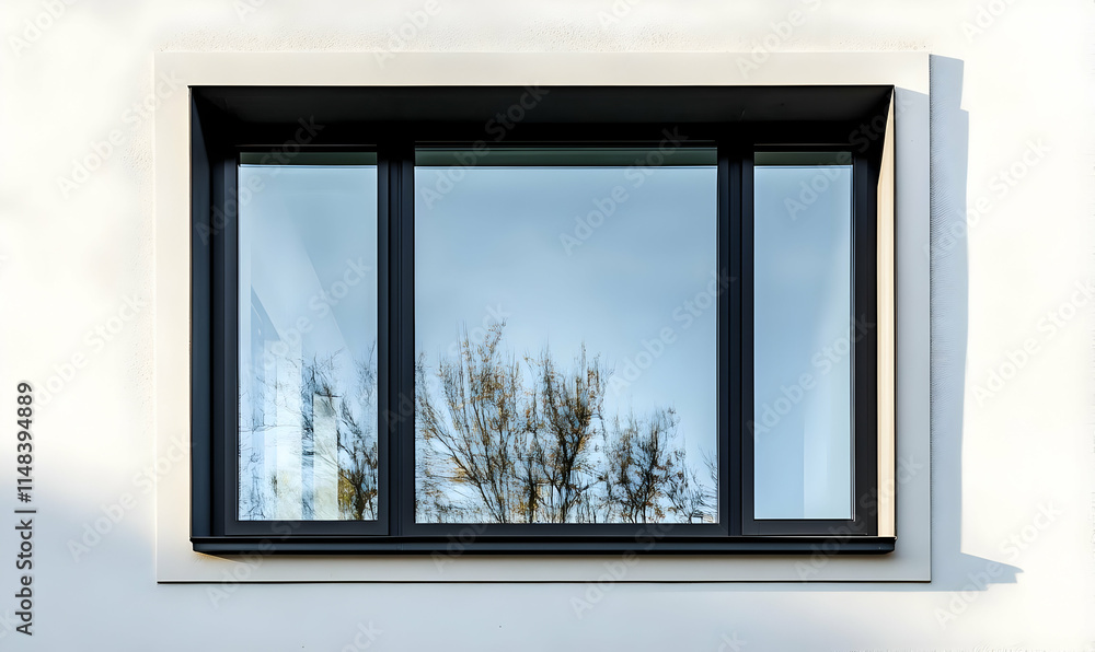 Modern window reflecting trees and sky, showcasing architectural design. Modern window reflecting trees and sky, showcasing architectural design.