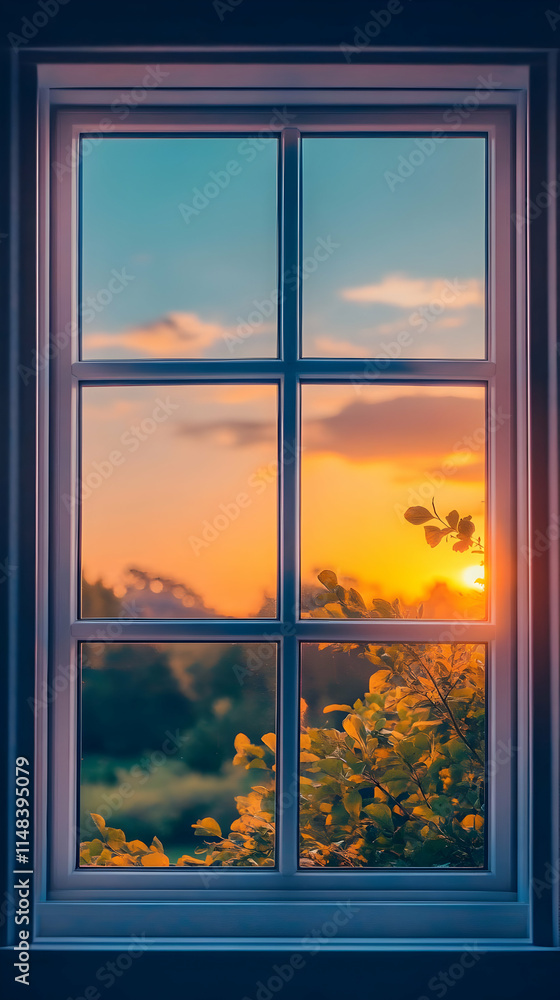 Fototapeta premium A serene view through a window showcasing a vibrant sunset and lush greenery.