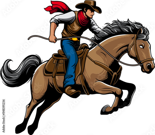 Rodeo Cowboy Riding Horse Western in Vintage Vector Cartoon Illustration