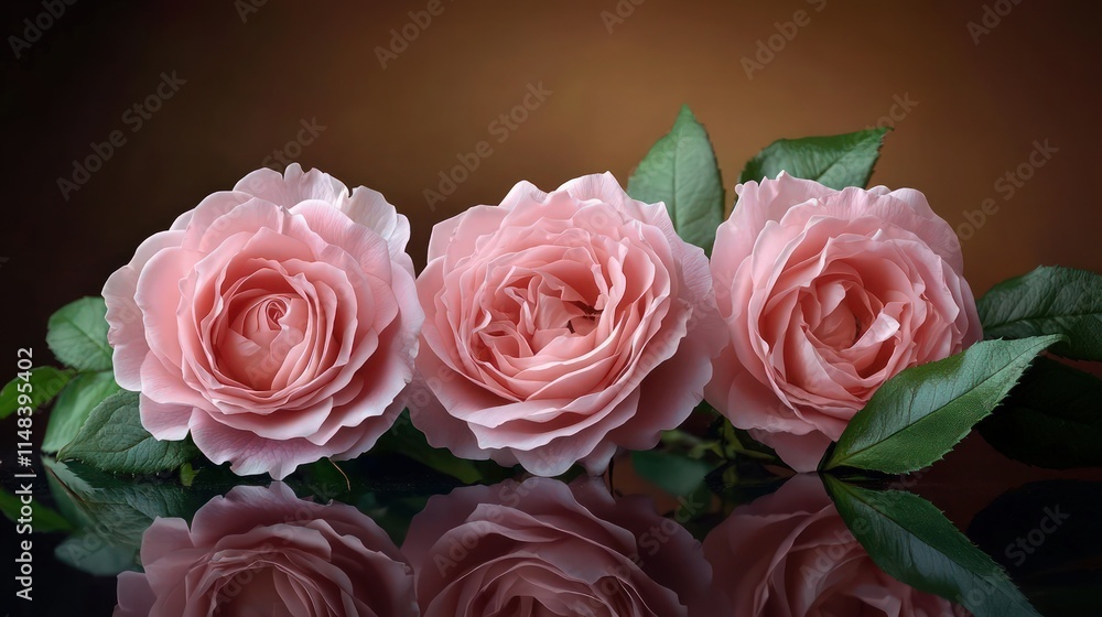 Three delicate pink roses with layered petals resting on a reflective dark surface, surrounded by lush green leaves. Three delicate pink roses with layered petals resting on a reflective dark surface, surrounded by lush green leaves.