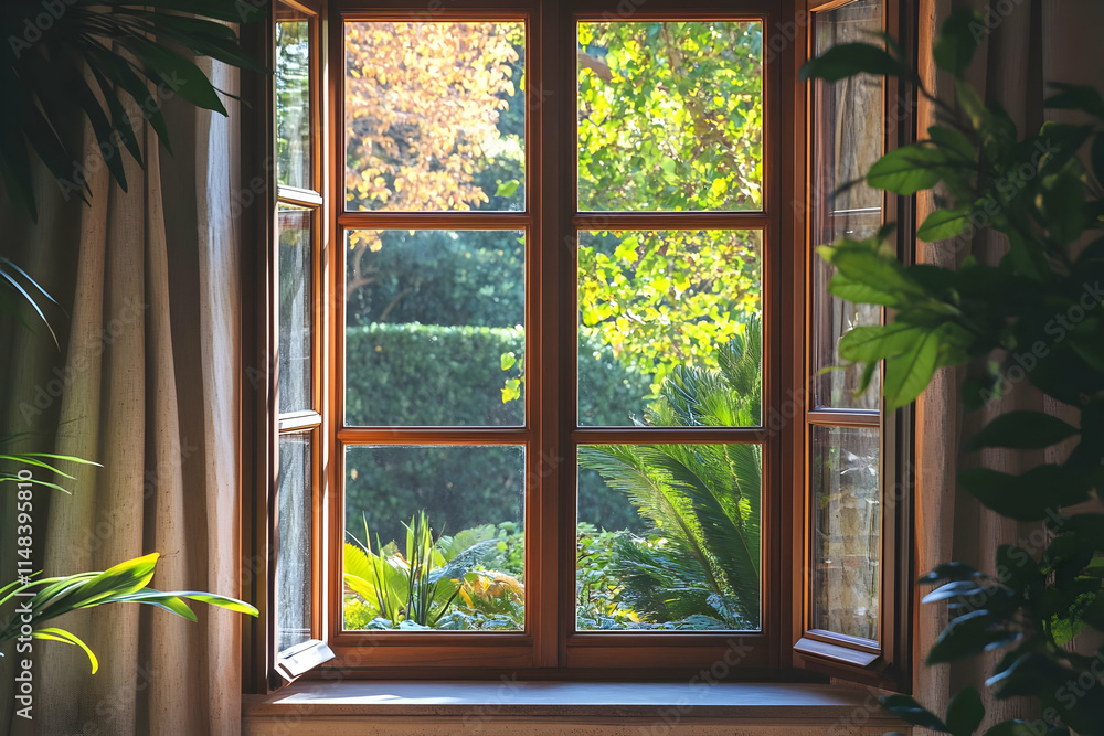 A wooden window frame reveals a vibrant garden filled with greenery and sunlight. A wooden window frame reveals a vibrant garden filled with greenery and sunlight.