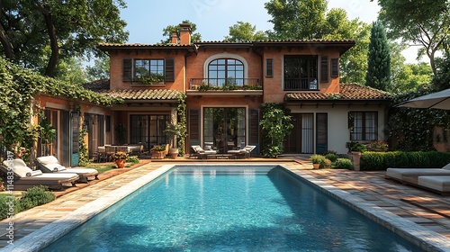 Wallpaper Mural Mediterranean courtyard oasis with pool fountain and lush vibrant greenery surrounding it wallpaper image Torontodigital.ca