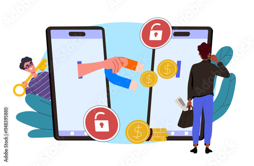 A robber steals money. Masked man near smartphones with magnets and gold coins. Online crime, hackers attacking mobile app. Flat vector illustration, on white background