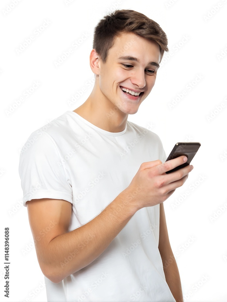Smiling young man using a smartphone isolated on a white background Smiling young man using a smartphone isolated on a white background