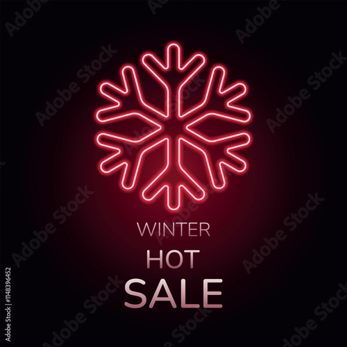 Winter hot sale red advertising. Neon sign. Discount proposition banner.   Glowing neon sign. Marketing advertising. Website template. Winter shopping. Vector illustration. 
