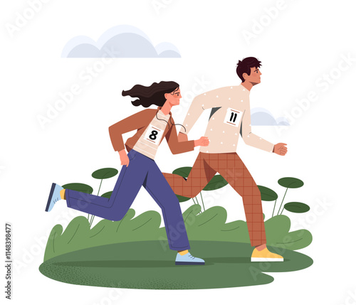 Marathon runners. A man and a woman running in nature. Competition or tournament. Athletes and female athletes, sprint or marathon runners. Cartoon flat vector illustration on white background