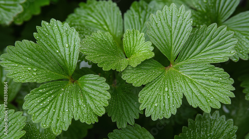 Close-up of fresh green leaves with dewdrops in sunlight